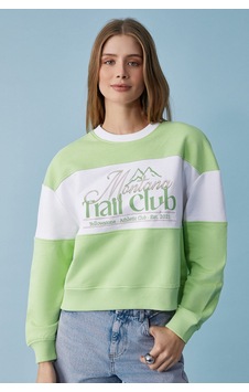 ETHIQUET Ethıquet Payne Kadın Bisiklet Yaka Oversize Beyaz / Fıstık Yeşili Sweatshirt Yeşil - Beyaz