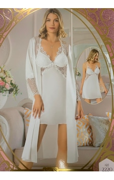 Carmella 2220 İpek Saten 2Li Gecelik Sabahlık Takım Ekru/Bordo Carmella 2220 İpek Saten 2Li Gecelik Sabahlık Takım Ekru/Bordo