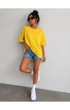Polymood Kadın Oversize %100 Organik Pamuk Yakası Ribanalı T-shirt Sarı Polymood Kadın Oversize %100 Organik Pamuk Yakası Ribanalı T-shirt Sarı