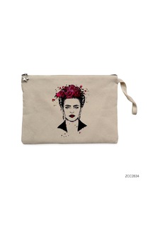 Frida Kahlo Portre - 7 Krem Clutch Astarlı Cüzdan / El Çantası
