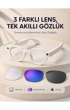 Beyaz Akıllı Kamera Gözlüğü Fotoğraf Video Çekimli Yapay Zeka Destekli Bluetooth Çoklu Dil Çeviri 3 Lensli Beyaz Akıllı Kamera Gözlüğü Fotoğraf Video Çekimli Yapay Zeka Destekli Bluetooth Çoklu Dil Çeviri 3 Lensli