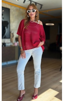 Butik İstanbul Kadın Kayık Yaka Fakir Kol Ajurlu Triko Kırmızı Butik İstanbul Kadın Kayık Yaka Fakir Kol Ajurlu Triko Kırmızı