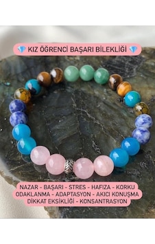 Doğal Taş Kız Öğrenci Başarı Bilekliği (Kaplangözü,Pembe Kuvars,Turkuaz, Akik,Sodalit ve Aventurin) Çok Renkli Doğal Taş Kız Öğrenci Başarı Bilekliği (Kaplangözü,Pembe Kuvars,Turkuaz, Akik,Sodalit ve Aventurin) Çok Renkli