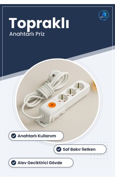 Grup Priz Uzatma Kablosu Anahtarlı Topraklı Bakır İletkenli Pvc E 1.5 Grup Priz Uzatma Kablosu Anahtarlı Topraklı Bakır İletkenli Pvc E 1.5