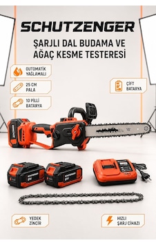 Şarjlı Odun Ağaç Kesme Makinesi 2 Batarya Dal Budama Testere Otomatik Yağlama Kırmızı P11. Kömürsüz Motor