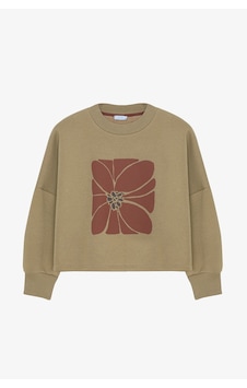 Quzu Çiçek Baskılı Oversize Sweatshirt Haki