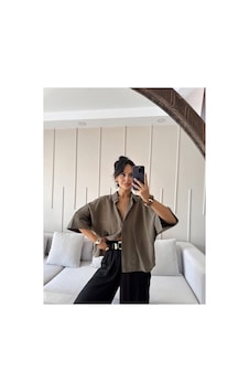 Feg Store Haki Yarasa Kol Duble Manşetli Modal Oversize Gömlek