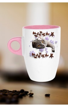Sevimli Kedi Baskılı Kupa Bardak Porselen Latte Filtre Kahve Fincanı Pembe