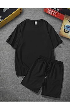 Pandy Unisex Siyah Oversize Bol Kalıp T-shirt Şortlu Alt Üst Ikili Takım Siyah