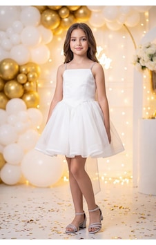 Butik Happy Kids Kız Çocuk Prenses Abiye Elbise Büyük Kurdele Detaylı Zarif Tasarım Çocuk Abiye Elbise 6-13 Yaş Krem