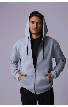 Defys Erkek Kapüşonlu Fermuarlı Oversıze Sweatshırt Kırçıllı Gri Melanj - 527577758 Kırçıllı Gri Melanj