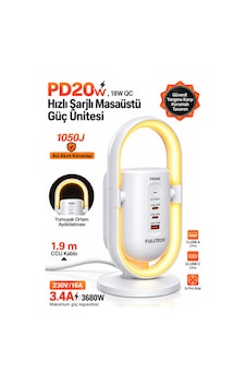 Exenar - Beyaz - Masaüstü Priz Ve Şarj İstasyonu 20w Type-c Pd 18w Usb Hızlı Şarj Led Lamba Çoklu Priz Ünitesi 1.9m 1.9 M