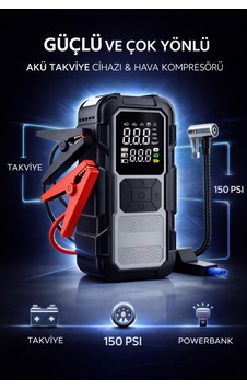 4 İn 1 1200mah Akü Takviye - Yüksek Güç - Lastik Şişirme Pompası - Powerbank - Led Işıklı - Dijital Gösterge - 868796021