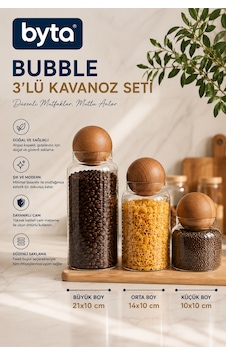 Bubble 3'lü Cam Kavanoz Seti Ahşap Kapaklı Mutfak Saklama Kavanozu Diğer