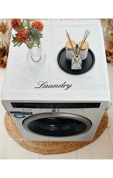 Handmade Baskılı 95x60 Cm Çamaşır Makinesi Örtüsü - Banyo Konsepti Dekorasyon Için Düzenleyici Krem Siyah