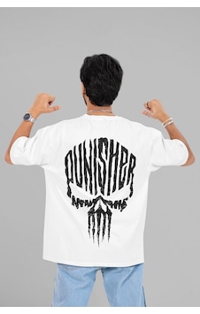 Punisher Baskılı Unisex Oversize Dizi Tişört Beyaz