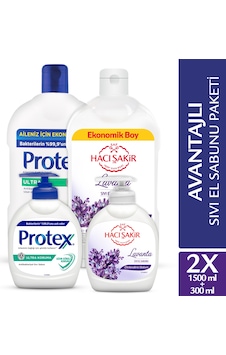 Hacı Şakir Lavanta Sıvı Sabun 1500 ML + 300 ML + Protex Ultra Koruma Sıvı Sabun 1500 ML + 300 ML Hacı Şakir Lavanta Sıvı Sabun 1500 ML + 300 ML + Protex Ultra Koruma Sıvı Sabun 1500 ML + 300 ML