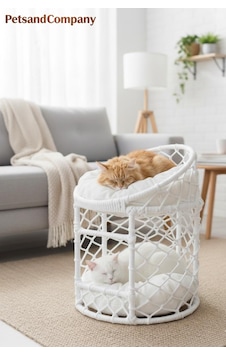 Lüks İki Katlı Kedi Evi, El Yapımı Özel Tasarım Örgü Kedi Yatağı, Modern Kedi Kulübesi Beyaz