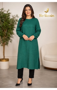 Hermevsim Missbah Kadın Efnan Keten Basic 115cm Yanı Yırtmaçlı Uzun Yeşil Tunik