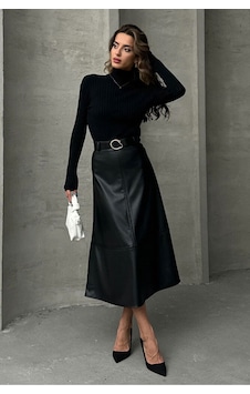 Verymoda Deri Kemerli Etek F1810 Siyah Verymoda Deri Kemerli Etek F1810 Siyah