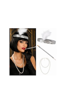 1920& 39 Ler Gatsby Gümüş Parti Seti - Çarliston Saç Bandı, İnci Kolye Ve Sigara Tutacağı 1920& 39 Ler Gatsby Gümüş Parti Seti - Çarliston Saç Bandı, İnci Kolye Ve Sigara Tutacağı