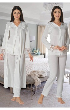 Veraura Lifestyle Effortt 2424 Uzun Dantel Sabahlıklı Lohusa Pijama ekru
