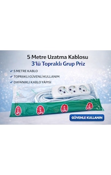 5 Metre Uzatma Kablosu 3 Lü Topraklı Grup Priz 16a Dayanıklı Kablo
