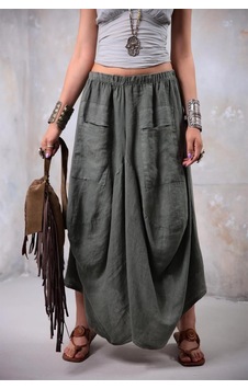 Bohem Stil İtalyan Cepli Keten Şalvar Pantolon Cmn00154 Haki