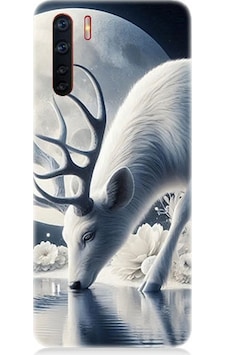 Oppo Reno 3 Uyumlu Ay Işığında Beyaz Geyik Yansıması Desenli Silikon Kılıf Çok Renkli