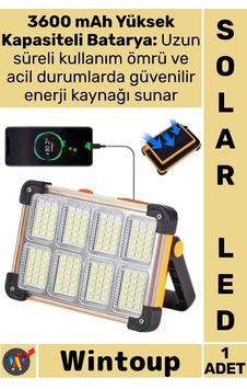Led Kamp Lambası Güneş Enerjili Taşınabilir Şarjlı Aydınlatma 3600 Mah Pil 4 Kademeli Solarlı Led