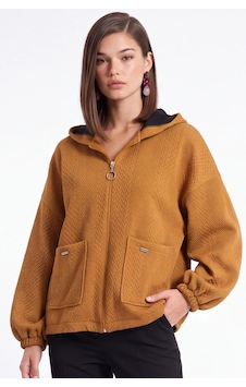 CEMO Çift Cepli Fermuarlı Kapüşonlu Desenli Sweatshirt Ceket Taba