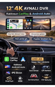 12 İnç 4k Aynalı Araç Kamerası Dvr Kablosuz Carplay Android Auto Sesli Komut Ips Çift Kamera