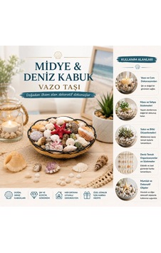 Ahşap Yuvarlak Sepet - Fileli Renkli Mix Midye - Deniz Kabuk Vazo Taşı Bx40 Çok Renkli