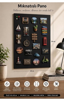 Mıknatıslı Pano - Magnet Panosu - Siyah Ofis/çalışma Odası İçin Mıknatıs Hediyeli Metal Magnet Hatıra Panosu 60x40cm Mıknatıslı Pano - Magnet Panosu - Siyah Ofis/çalışma Odası İçin Mıknatıs Hediyeli Metal Magnet Hatıra Panosu 60x40cm