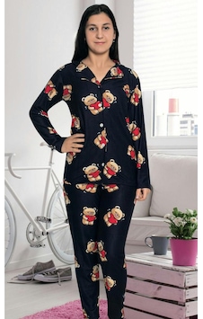 Kız Çocuk Süet Kışlık Boydan Düğmeli Kalın Pijama Takımı Lacivert-kırmızı Lacivert - Kırmızı
