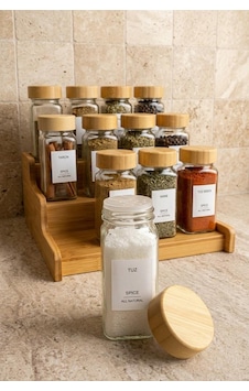 Atbyhome 13 Parça Bambu Standlı Baharatlık Seti - 12 Adet 120 Ml Cam Baharat Takımı Beyaz - Kahverengi