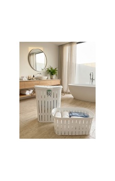 Bambu Halatlı 2'li Kirli Çamaşır Sepeti Seti 65 Lt Kapaklı Kirli Sepeti Ve 40 Lt Çamaşır Selesi Beyaz - 771618636 Beyaz
