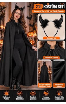 Cadılar Bayramı Şeytan Kostüm Seti Siyah Boynuzlu Taç Ve 120 Cm Yakalı Mat Pelerin Halloween Cosplay Çok Renkli Cadılar Bayramı Şeytan Kostüm Seti Siyah Boynuzlu Taç Ve 120 Cm Yakalı Mat Pelerin Halloween Cosplay Çok Renkli