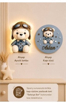 Ahşap İsme Özel Pilli Ledli Gece Lambası Ve Ahşap Kapı Süsü Seti Bebek Çocuk Odası Mavi
