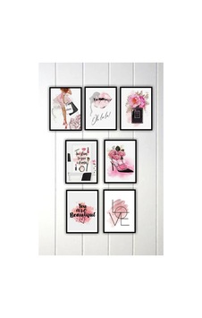 7 Parça Ev Dekorasyon Pembe Çerçeve Görünümlü Arkası Yapışkanlı Çoklu Mdf Tablo Set Pembe - 611613084 Pembe