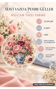 6'lı Cam Tatlı Tabağı - Mavi Vazo Ve Pembe Gül Desenli 16 Cm - 6 Adet Pasta Tabak 6'lı Cam Tatlı Tabağı - Mavi Vazo Ve Pembe Gül Desenli 16 Cm - 6 Adet Pasta Tabak