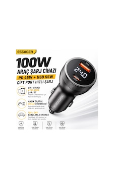 Essager 100w Çift Port Araç Şarj Cihazı Type-c Usb Hızlı Şarj Dijital Voltaj Göstergeli Essager 100w Çift Port Araç Şarj Cihazı Type-c Usb Hızlı Şarj Dijital Voltaj Göstergeli