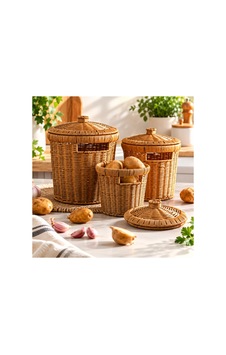 3 Lü Hasır Patates Soğan Sarımsak Sepeti Seti-rattan Dekoratif Düzenleyici Kapaklı Sebzelik Patates Soğan Saklama Kabı 927000073 Diğer