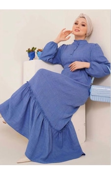 Lovie Moda Kadın Hakim Yaka Keten Elbise Mavi Lovie Moda Kadın Hakim Yaka Keten Elbise Mavi