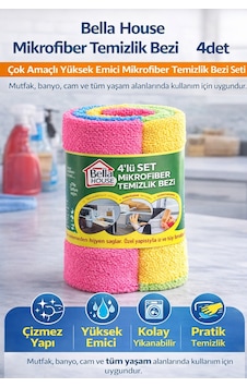 Bella House Mikrofiber Temizlik Bezi 4 Adet 4 Lü 1 Rulo Çok Amaçlı Yüksek Emici Mikrofiber Temizlik Bezi Seti Çok Renkli