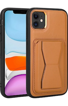 Kilifone - Apple Uyumlu iPhone 11 - Kılıf Kart Bölmeli El Tutacaklı Stand Olan Pu Deri Memo Kapak - Kahve Açık