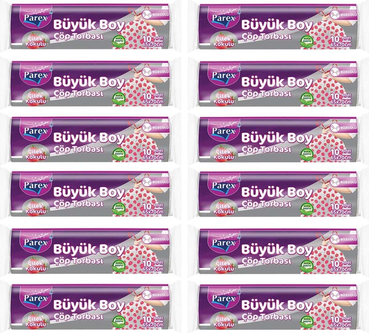 Premium 10'lu Büzgülü Çöp Torbası Çilek Kokulu Büyük Boy 65 X 70 Cm Onikili Paket