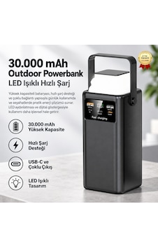 Powerbank Yüksek Kapasiteli 30.000 Mah Usb-c Led Işıklı Outdoor Taşınabilir Şarj Cihazı-1750 Siyah Powerbank Yüksek Kapasiteli 30.000 Mah Usb-c Led Işıklı Outdoor Taşınabilir Şarj Cihazı-1750 Siyah