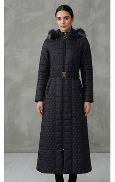 Stormwear Kadın Siyah Kürk Kapüşonlu Kemerli Uzun Kapitone Şişme Mont Kaban