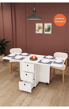 Lüks Katlanır Mutfak Yemek Masası %100 Mdf Pratik Çekmeceli Çalışma Masası Km100 Beyaz Lüks Katlanır Mutfak Yemek Masası %100 Mdf Pratik Çekmeceli Çalışma Masası Km100 Beyaz